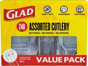 Glad Clear Disposable Cutlery Set with Heavy Duty Plastic Forks, Knives, and Spoons, Reusable Dishwasher Safe Plastic Utensils for Parties and Everyday Use, 240 Count